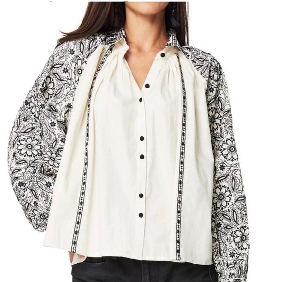 Roller Rabbit Embroidered Top Bishop Sleeves OVERSIZED Button Up Medium - Picture 1 of 7
